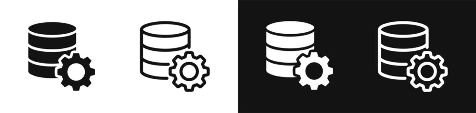 Database settings icon set with server and gear in glyph and outline style