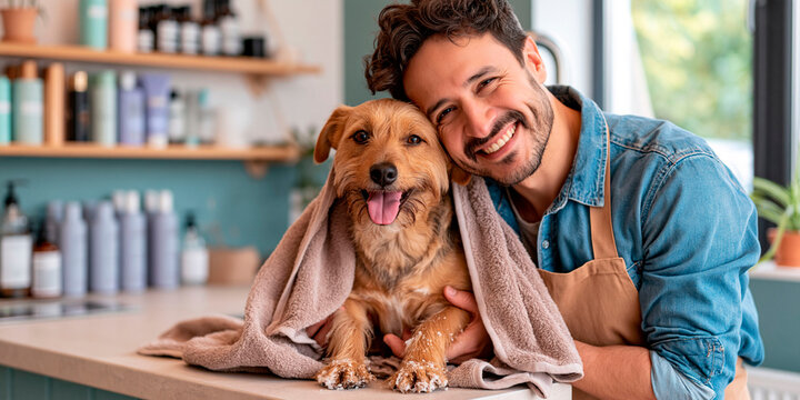 Smiling pet groomer cuddling a happy dog wrapped in a towel after grooming, showing professional animal care and affection in a modern salon