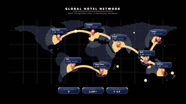 Global Destination Map with Connected Location Pins Animation on Transparent Background