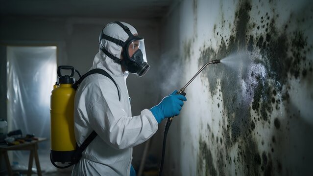 Professional cleaner wearing protective hazmat suit and gas mask spraying chemical disinfectant to remove dangerous black mold infestation on damp residential interior wall