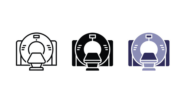 Set of ct scan machine icons in line solid and colored styles for medical diagnostic imaging design