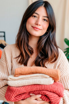 Young woman holding a stack of folded sweaters at home, smiling while organizing warm knitwear and seasonal clothing for a cozy wardrobe