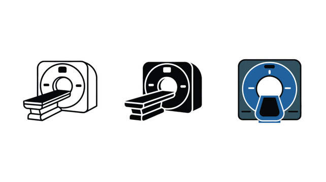 Set of magnetic resonance imaging scanner machine icons for medical diagnostic hospital imaging equipment vector illustrations
