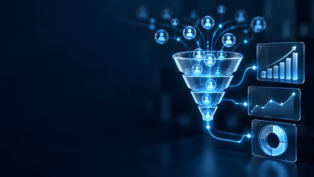 Digital marketing funnel interface analyzing user conversion rates and displaying rising financial charts on transparent glass panels