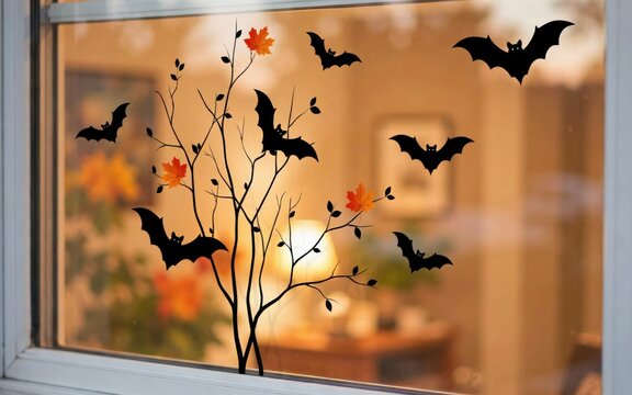 Halloween window decals with black bats and autumn leaves on a bare tree silhouette