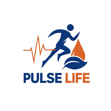 Pulse life running athlete heartbeat leaf logo design, active health fitness cardiology emblem, medical wellness sport icon, and vitality symbol