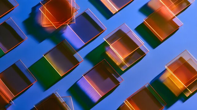 Translucent amber sheets scattered across blue surface