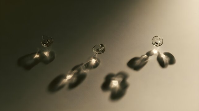 Five small glass fragments on a surface