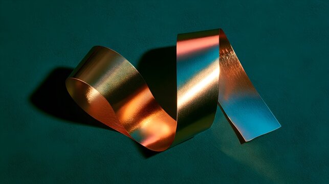 Metallic ribbon loosely folded on a dark green surface