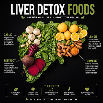 Liver detox foods organic garlic beetroot lemon turmeric root layout poster, hepatic organ health diagram, and nutrition infographic