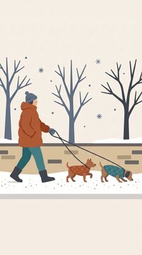 Dog walker walking pets in winter snow with cozy coats and protective boots along a park path during cold weather. Flat vector illustration for seasonal pet care design.