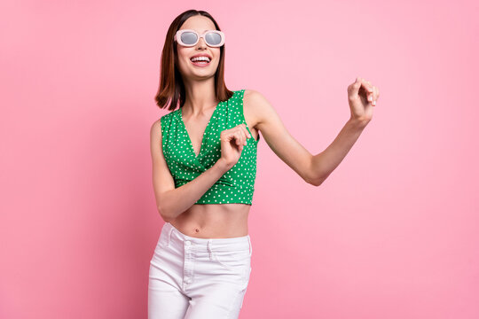 Photo of youth excited cheerful lady have fun dance eyewear event  isolated over pink color background