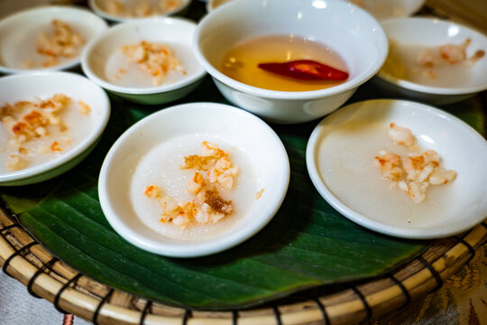 Banh Beo, Vietnamese traditional dish originated in Hue, Vietnam. Banh Beo rice cakes served in Hue