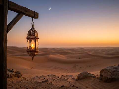 Ramadan lantern hanging in desert dunes with crescent moon.