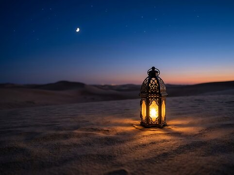 Desert landscape at night with crescent moon and lit lantern.