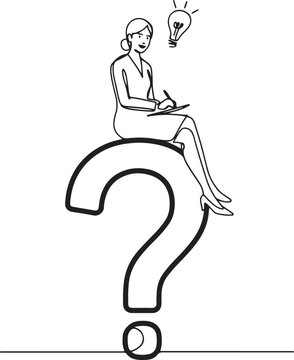 A woman sitting on a big question mark symbol and a light bulb. Reliable analyst problem solver. One line art icon drawing