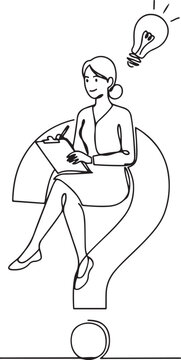 A woman sitting on a big question mark symbol and a light bulb. Reliable analyst problem solver. One line art icon drawing