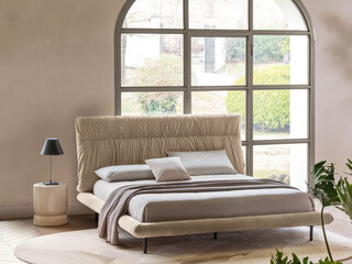 Modern luxury bedroom interior in minimal scandinavian style, 3d render © Yulichka