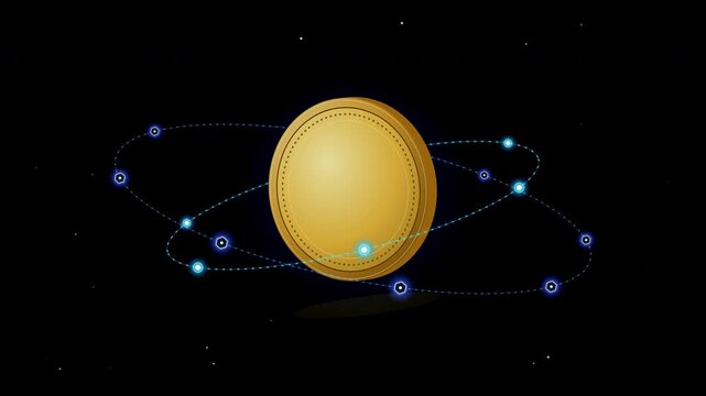 Golden digital token coin spinning animation with glowing orbital network nodes&nbsp;for finance, digital currency, blockchain technology, and cryptocurrency videos