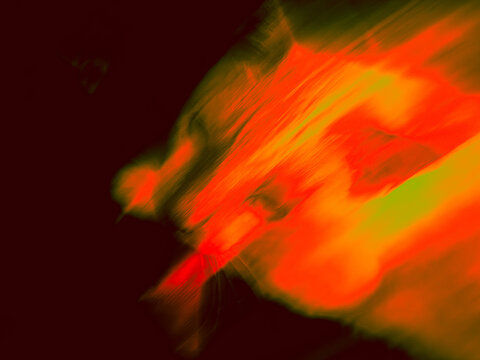 Abstract fiery red orange cat face with motion streaks on a dark background, artistic camera movement, glowing smeared light and color, intense dynamic energy