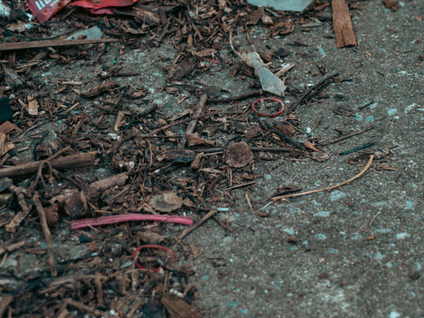 Scattered wood chips, twigs, dry leaves and small plastic trash with red rubber bands on dirty concrete ground, close-up top view of litter and debris, urban waste and environmental pollution
