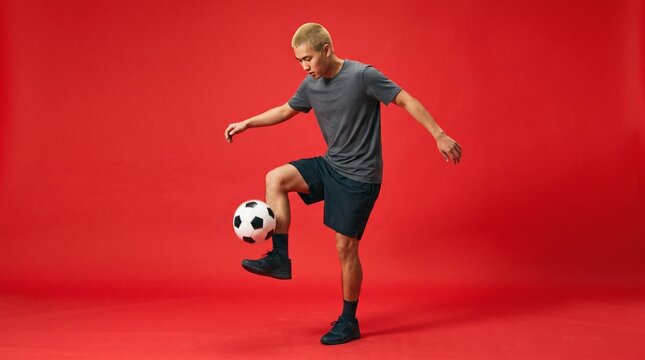 Young Asian man in sportswear juggling a soccer ball with his knee against a red background