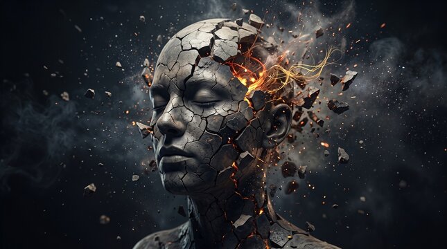 Conceptual 3D render of a stone human head shattering with glowing fire particles and smoke