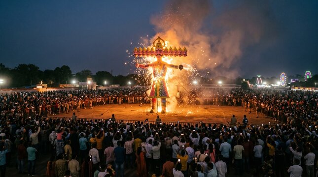 Large crowd watching giant Ravana effigy burning with fireworks during Dussehra festival at night
