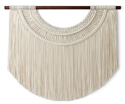 Macrame Wall Hanging with Cream Fringe and Wooden Rod