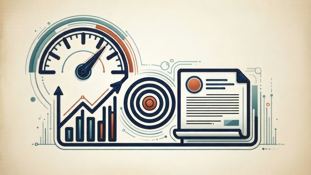 KPI monitoring dashboard with speedometer, performance graph and target illustration