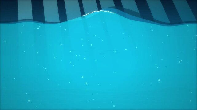 Underwater ocean wave and bubble motion in blue water with graphic light beam