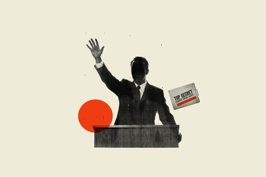 Politician or official speaking at podium with top secret document conceptual illustration