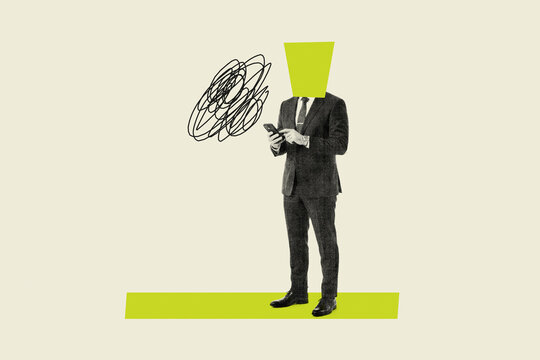 Businessman in suit using smartphone with abstract head shape conceptual illustration