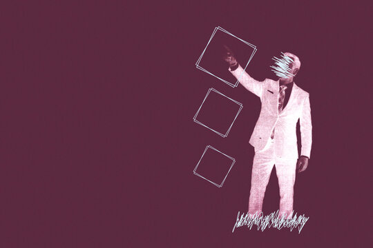 Businessman touching virtual squares concept illustration against dark background