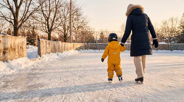 Mother and toddler in yellow snowsuit holding hands while ice skating on outdoor rink at winter sunset, rear view with copy space on left
