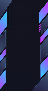 Futuristic cyberpunk interface frame design featuring glowing blue and purple neon geometric shapes set against a smooth dark background surface.
