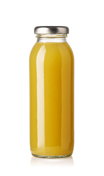 Sealed glass bottle filled with orange juice isolated on white