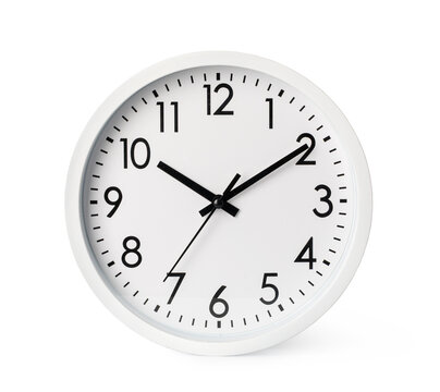 White analog wall clock marking time against a clean white background