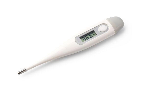 Digital thermometer displaying a normal body temperature of 36.6&deg;c