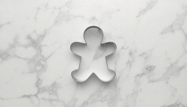 Top view flat lay of stainless steel gingerbread man cookie cutter outline on white marble background
