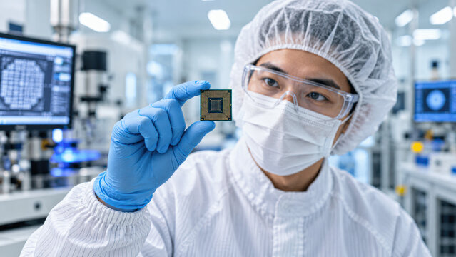 A cleanroom technician inspects a microprocessor chip in a high tech manufacturing facility