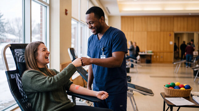 Laughing young adult Caucasian woman fist bumping smiling Black male nurse after donating blood at community blood drive