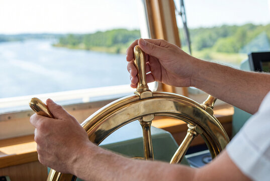 A close-up view of a captain holding a shiny brass ship steering wheel inside the pilot house with river view.