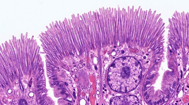 Close-up of intestinal epithelial cells with detailed microvilli structure