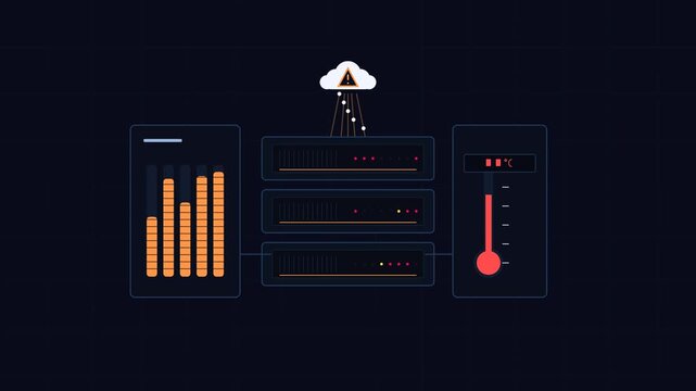 Server rack database with warning icon and temperature monitoring