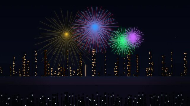 Colorful fireworks exploding over silhouetted city skyline at night with cheering crowd below.