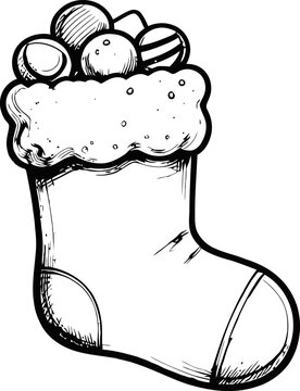 Hand drawn christmas stocking filled with round ornaments and decorative balls