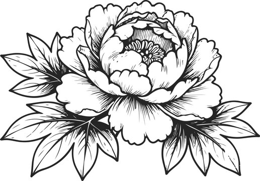 Detailed black and white peony flower with leaves line art illustration