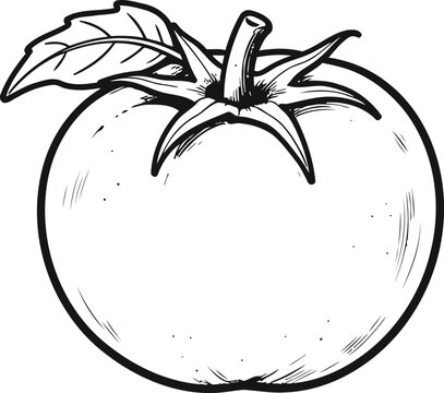 Black and white drawing of a tomato with leaf and stem detailed sketch illustration