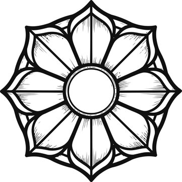 Mandala flower design with eight petals and circular center in black and white line art